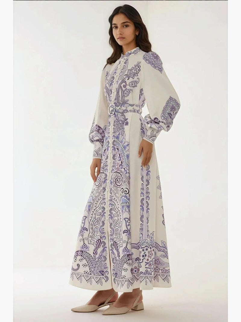 Vestido maxi estampado de manga comprida com cinto hiccup Multicolorido - Kiabi