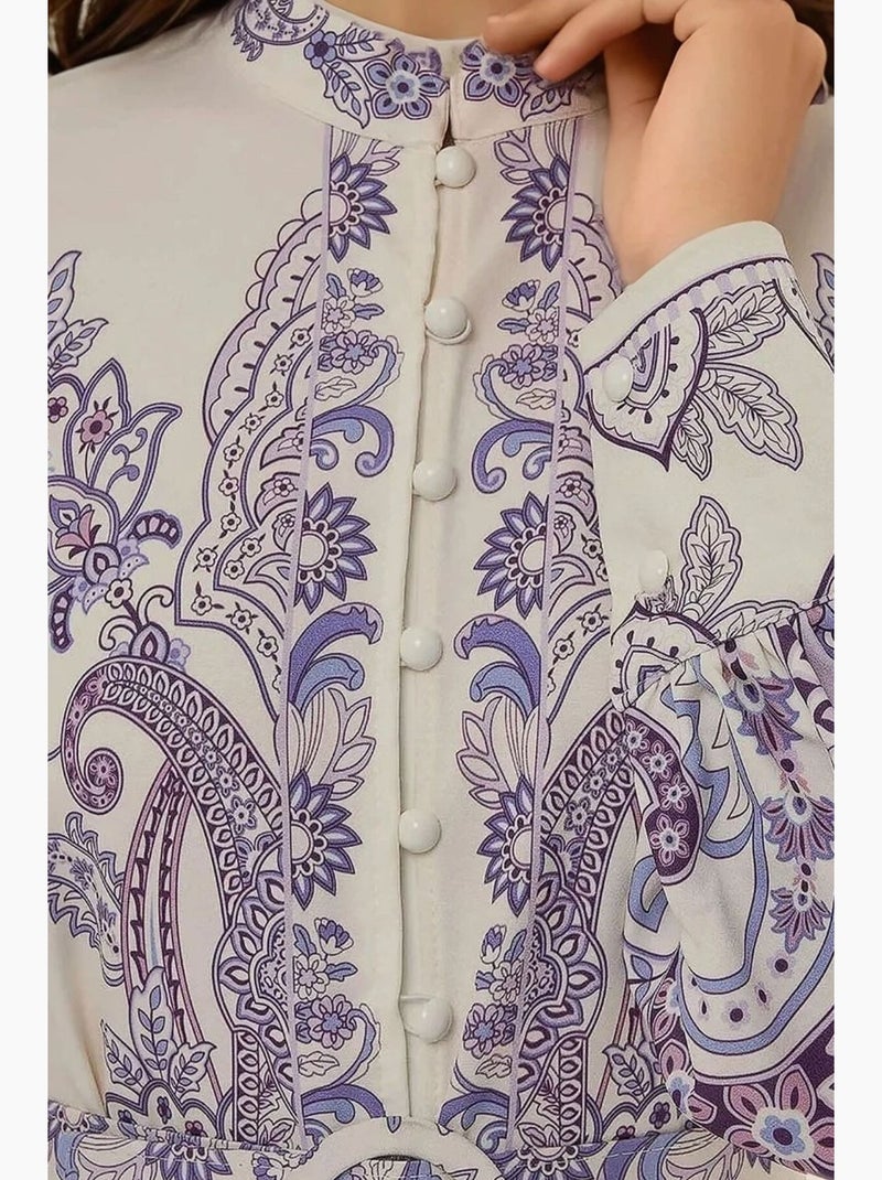 Vestido maxi estampado de manga comprida com cinto hiccup Multicolorido - Kiabi