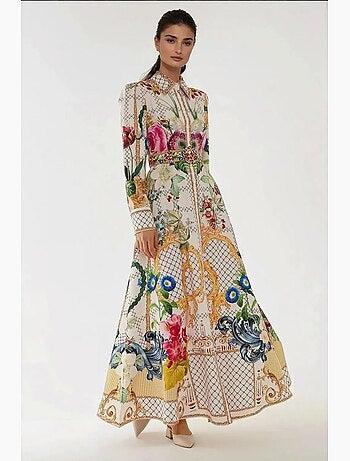 Vestido maxi estampado de manga comprida com cinto hiccup