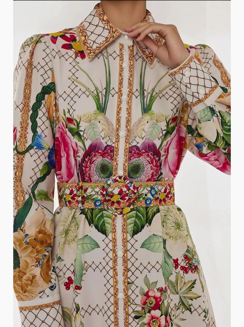 Vestido maxi estampado de manga comprida com cinto hiccup Multicolorido - Kiabi