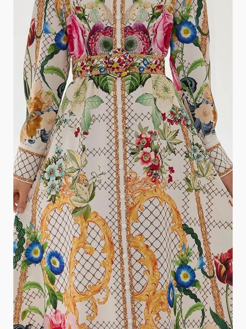 Vestido maxi estampado de manga comprida com cinto hiccup Multicolorido - Kiabi