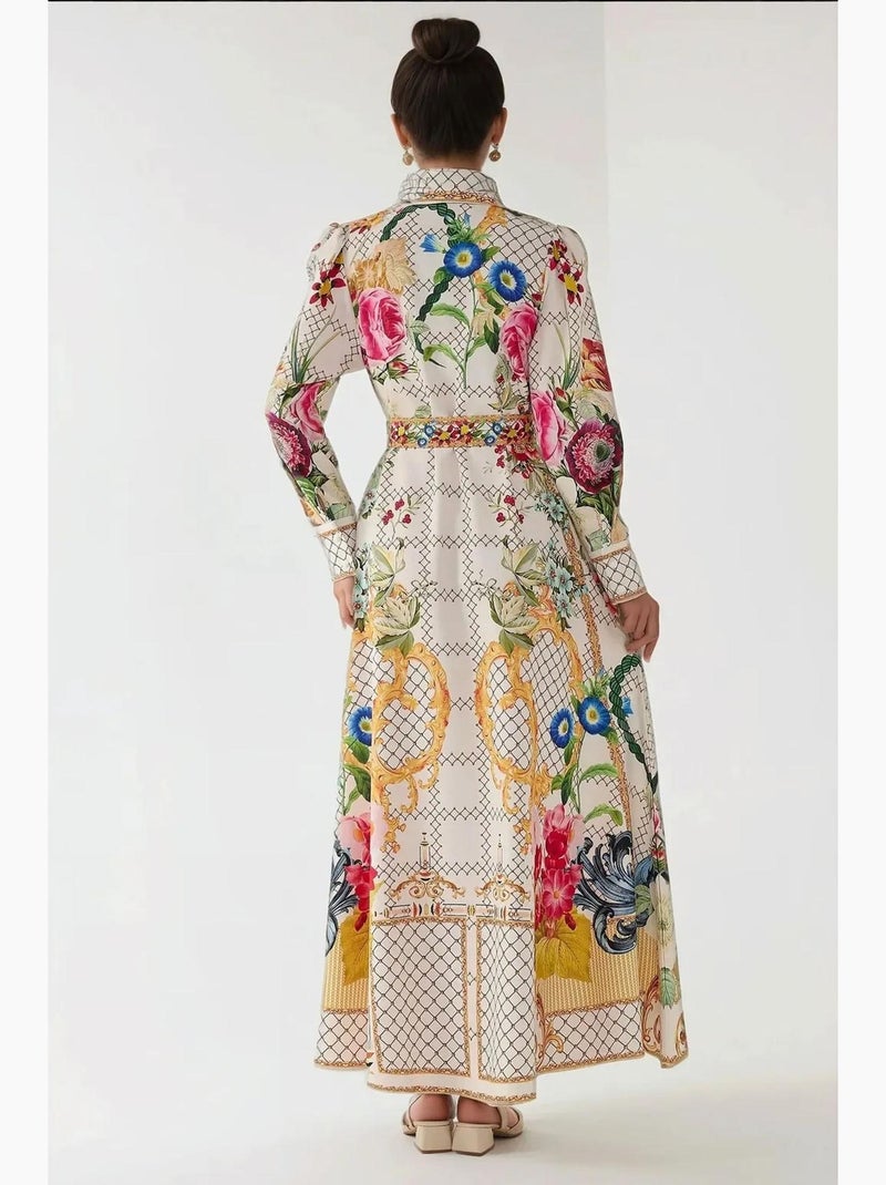 Vestido maxi estampado de manga comprida com cinto hiccup Multicolorido - Kiabi