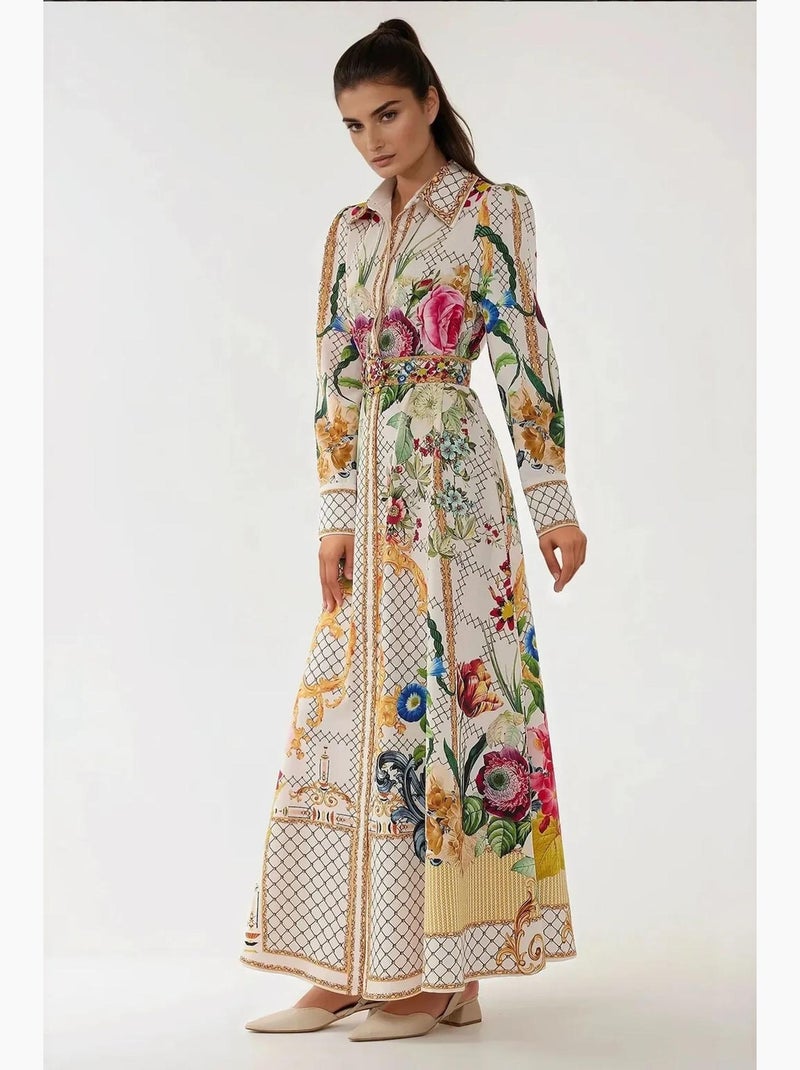 Vestido maxi estampado de manga comprida com cinto hiccup Multicolorido - Kiabi