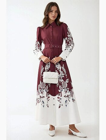 Vestido maxi estampado de manga comprida com cinto hiccup