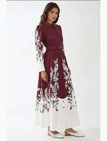 Vestido maxi estampado de manga comprida com cinto hiccup