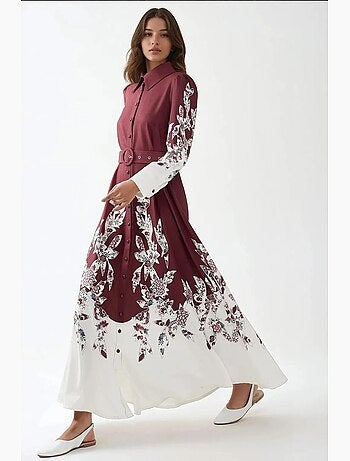 Vestido maxi estampado de manga comprida com cinto hiccup