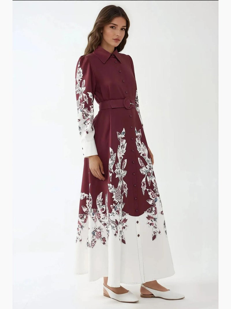 Vestido maxi estampado de manga comprida com cinto hiccup Vermelho bordô - Kiabi