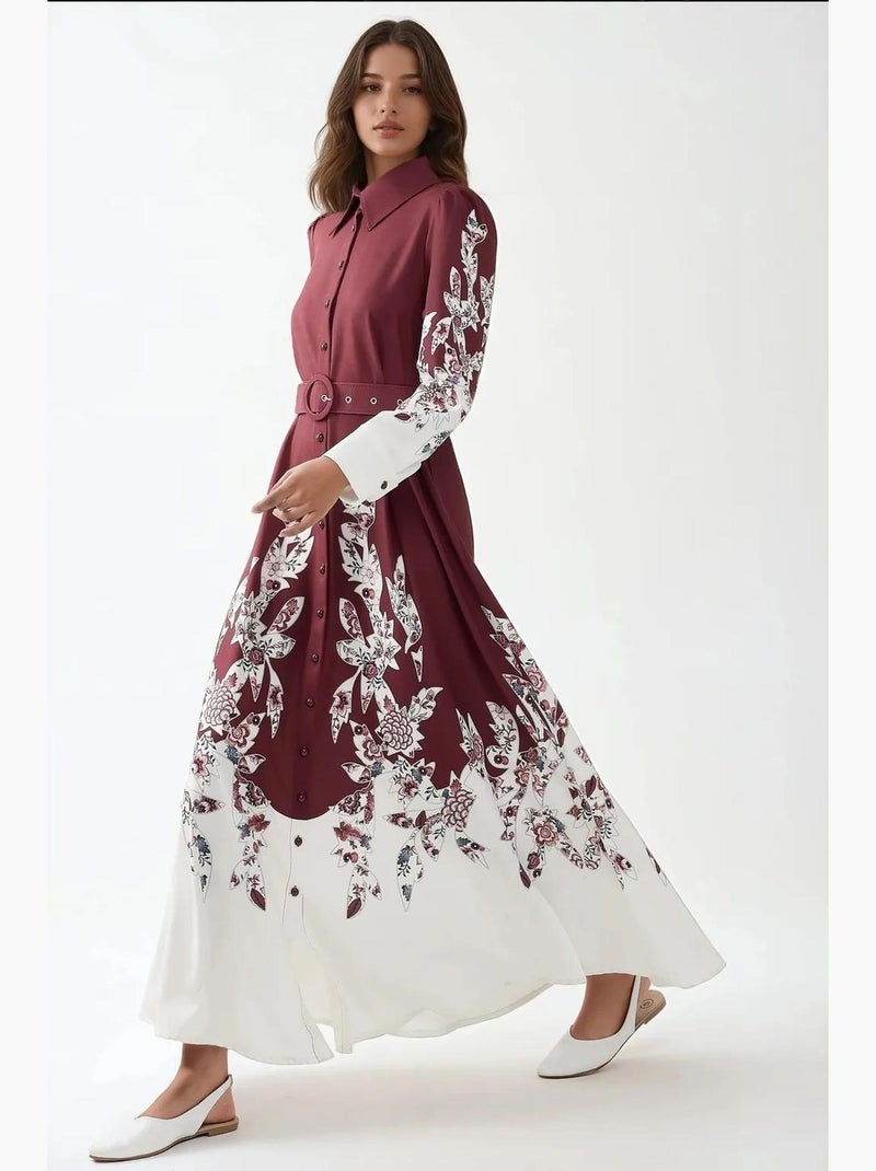 Vestido maxi estampado de manga comprida com cinto hiccup Vermelho bordô - Kiabi