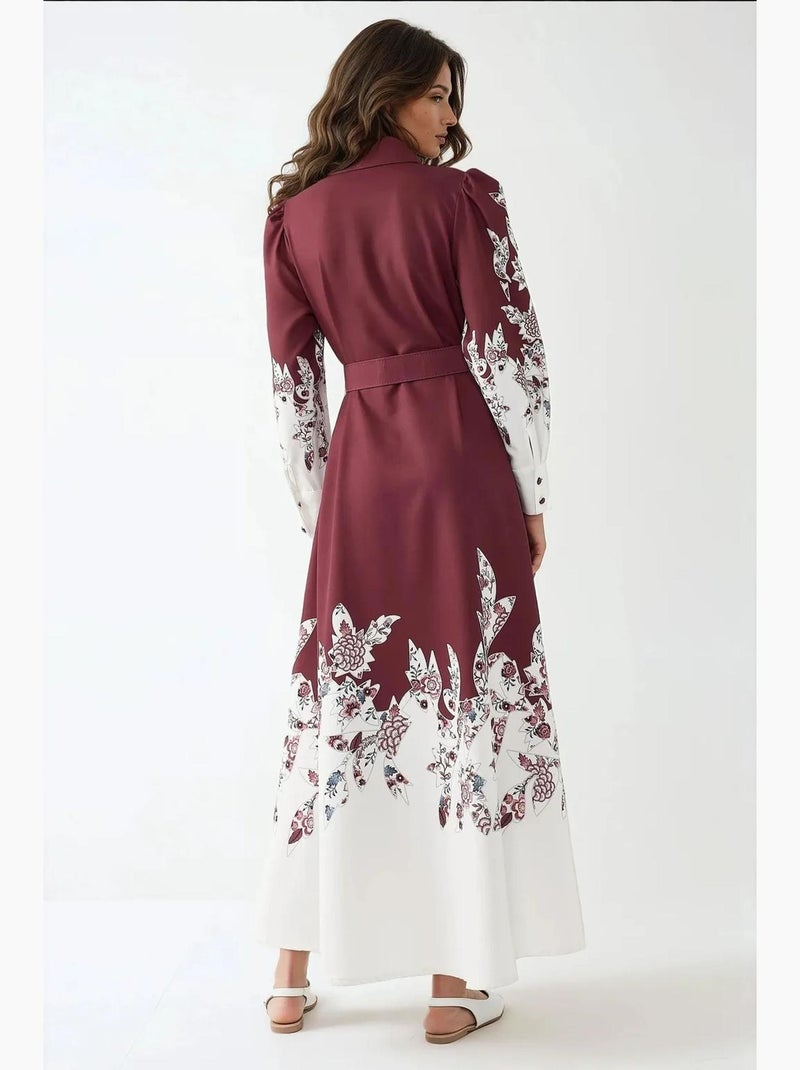 Vestido maxi estampado de manga comprida com cinto hiccup Vermelho bordô - Kiabi