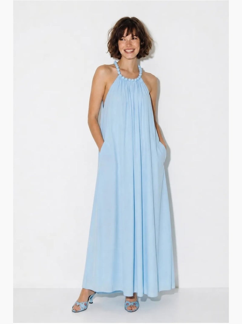 Vestido maxi feminino com decote halter e bolso lucci Azul-céu - Kiabi