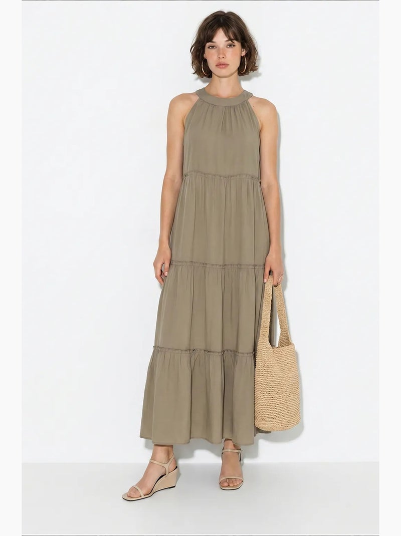 Vestido maxi feminino com decote halter lucci Cáqui - Kiabi