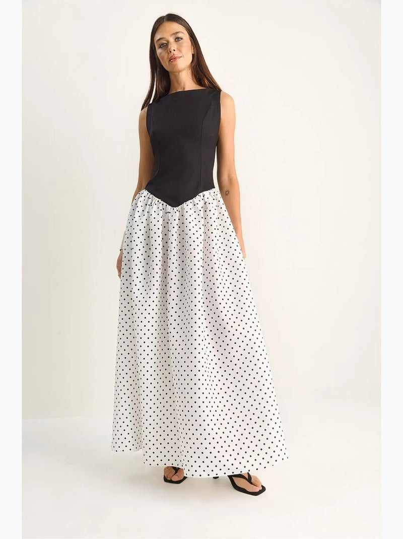 Vestido maxi feminino de bolinhas com bolso lucci Preto Branco - Kiabi