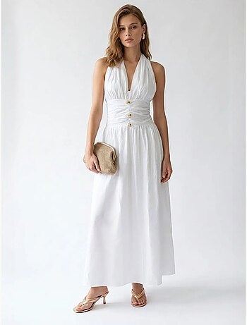 Vestido maxi feminino de popelina de algodão com decote halter mixray