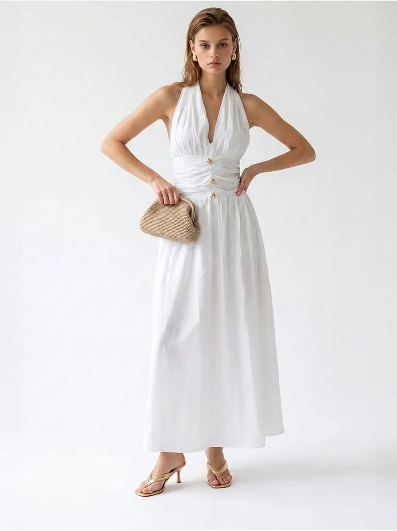 Vestido maxi feminino de popelina de algodão com decote halter mixray Branco - Kiabi