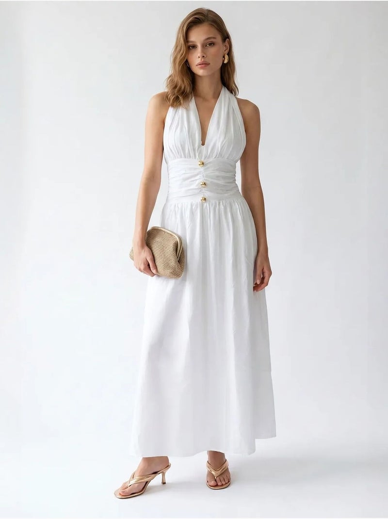 Vestido maxi feminino de popelina de algodão com decote halter mixray Branco - Kiabi