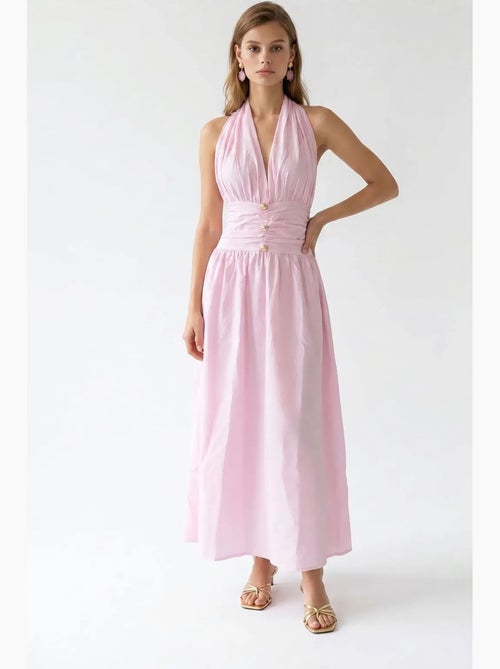 Vestido maxi feminino de popelina de algodão com decote halter mixray - Kiabi Vestido maxi feminino de popelina de algodão com decote halter mixray - Kiabi