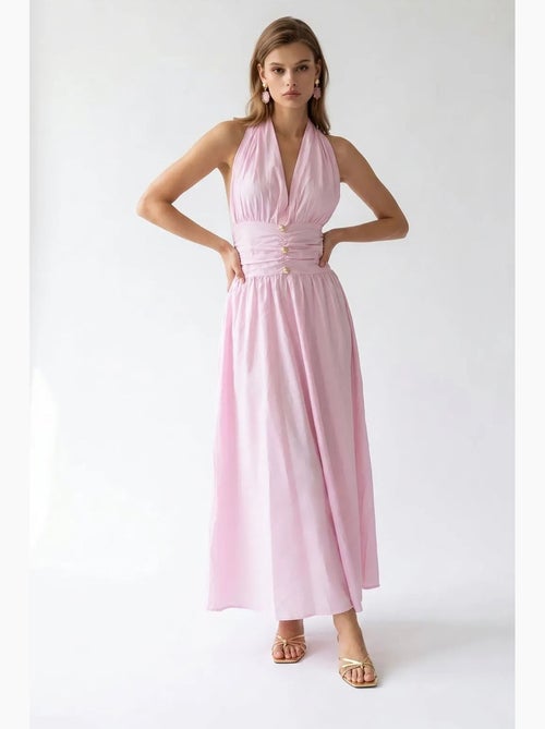 Vestido maxi feminino de popelina de algodão com decote halter mixray - Kiabi Vestido maxi feminino de popelina de algodão com decote halter mixray - Kiabi