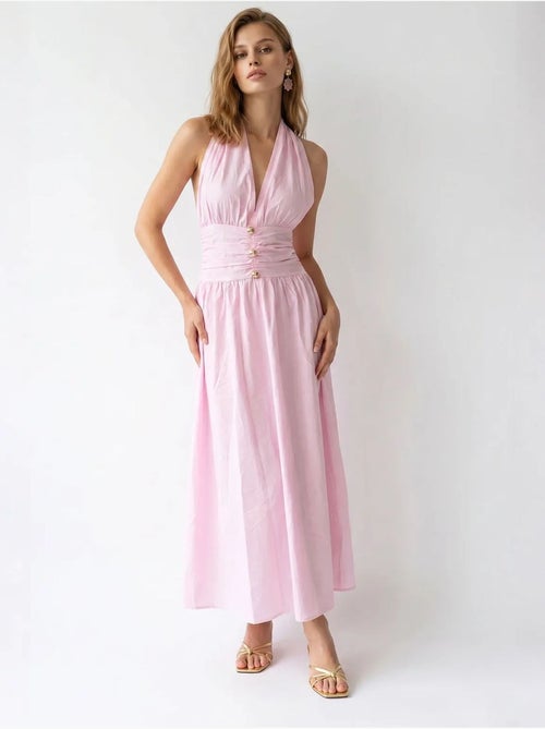 Vestido maxi feminino de popelina de algodão com decote halter mixray - Kiabi Vestido maxi feminino de popelina de algodão com decote halter mixray - Kiabi