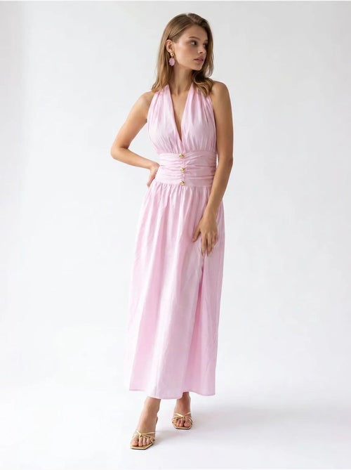 Vestido maxi feminino de popelina de algodão com decote halter mixray - Kiabi Vestido maxi feminino de popelina de algodão com decote halter mixray - Kiabi