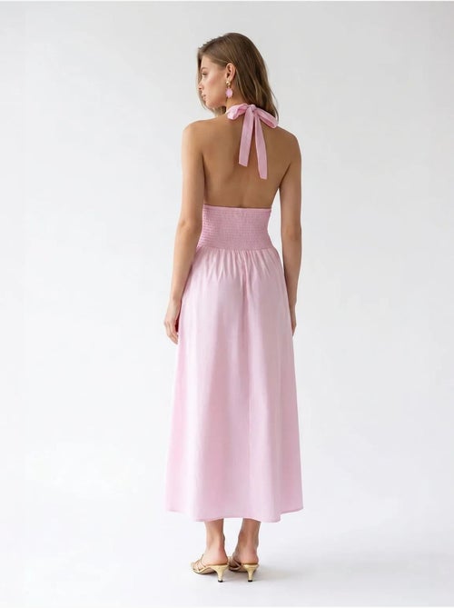 Vestido maxi feminino de popelina de algodão com decote halter mixray - Kiabi Vestido maxi feminino de popelina de algodão com decote halter mixray - Kiabi