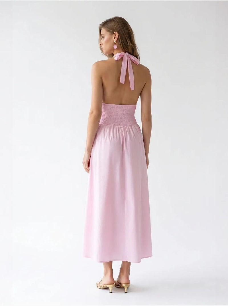 Vestido maxi feminino de popelina de algodão com decote halter mixray Rosa doce - Kiabi