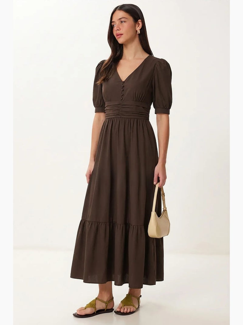 Vestido maxi feminino em popelina de mistura de algodão istanbul Castanho - Kiabi
