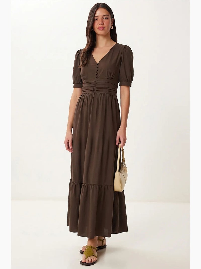 Vestido maxi feminino em popelina de mistura de algodão istanbul Castanho - Kiabi