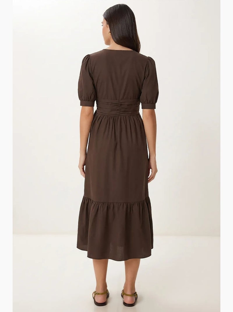 Vestido maxi feminino em popelina de mistura de algodão istanbul Castanho - Kiabi