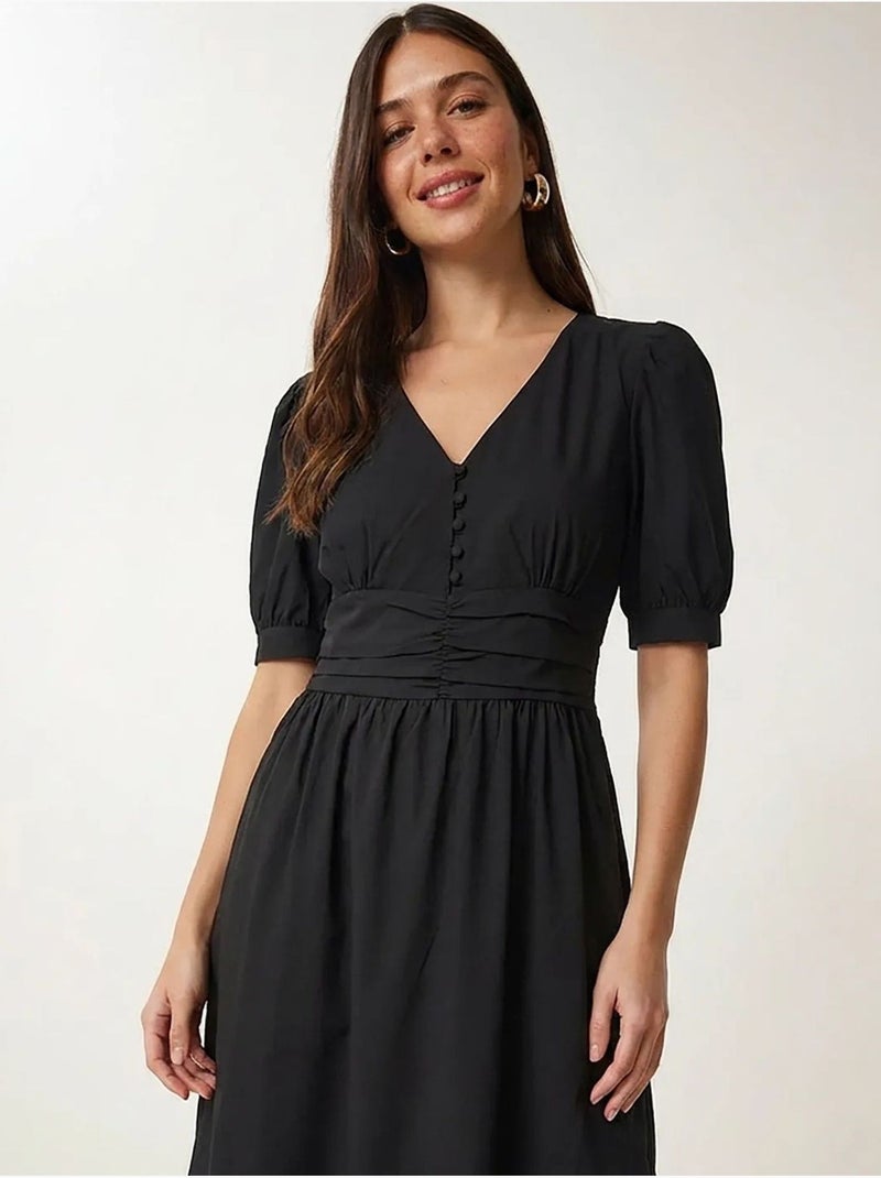 Vestido maxi feminino em popelina de mistura de algodão istanbul Preto - Kiabi