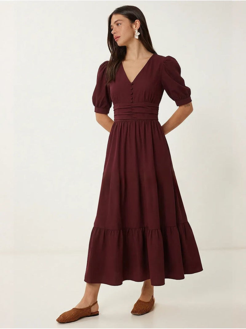 Vestido maxi feminino em popelina de mistura de algodão istanbul Vermelho bordô - Kiabi