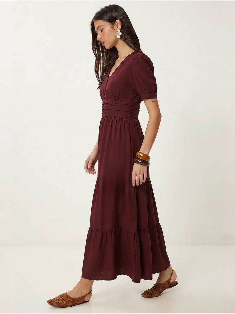 Vestido maxi feminino em popelina de mistura de algodão istanbul Vermelho bordô - Kiabi