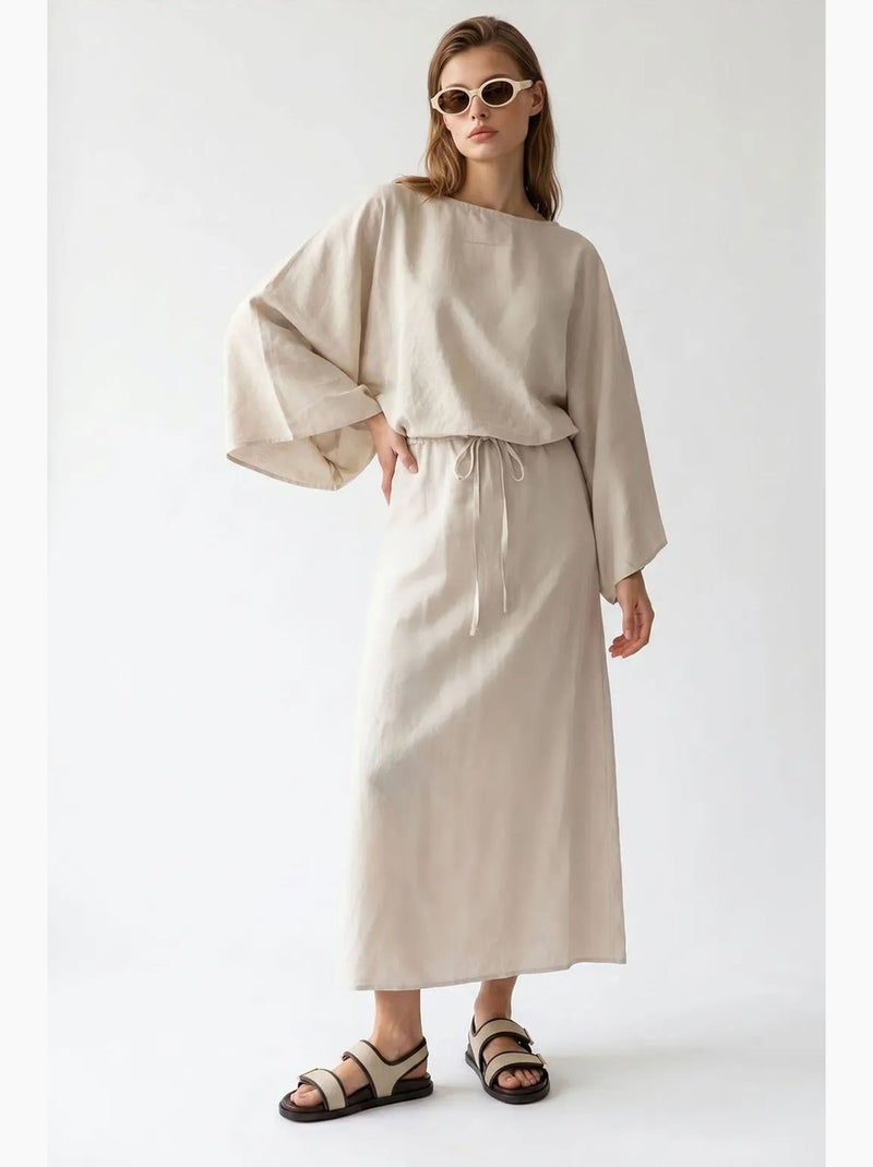 Vestido maxi feminino liso texturizado com detalhe de amarração mixray Bege-argila - Kiabi