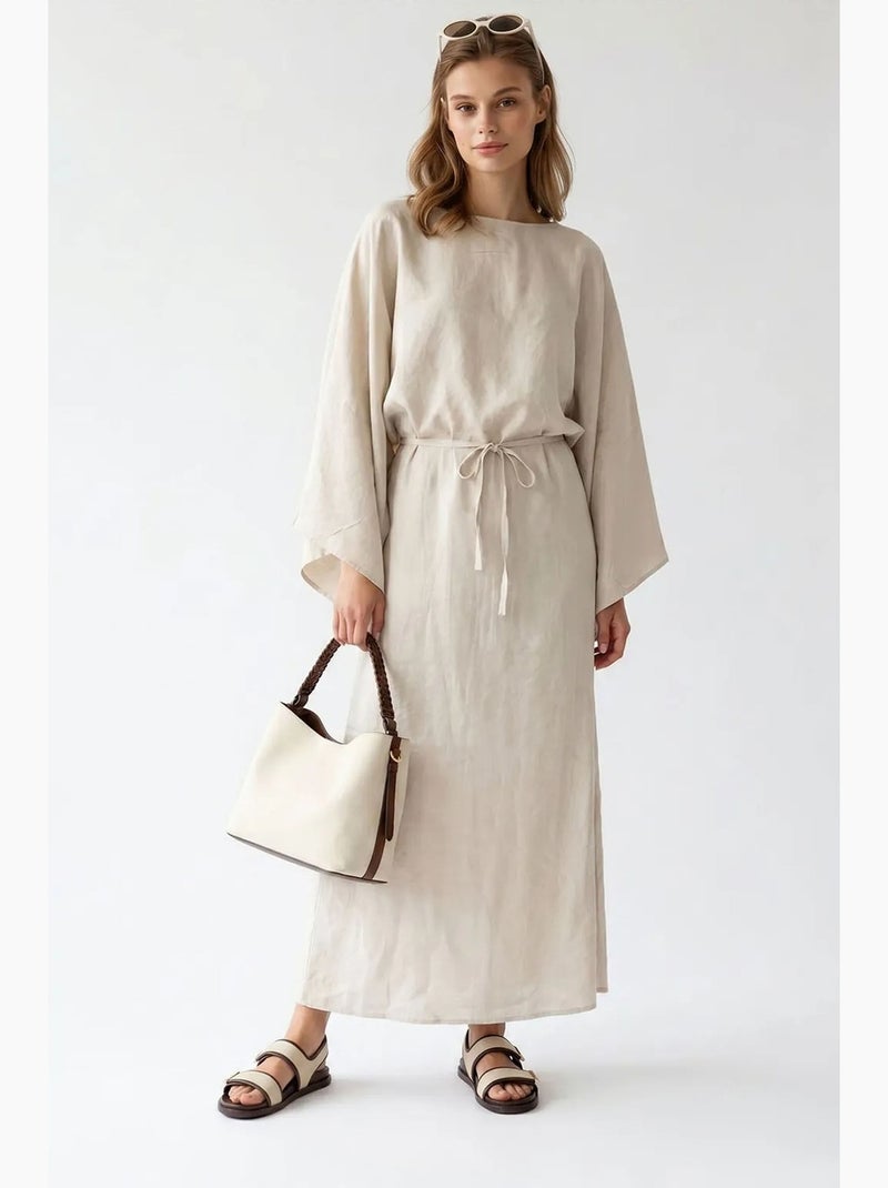 Vestido maxi feminino liso texturizado com detalhe de amarração mixray Bege-argila - Kiabi