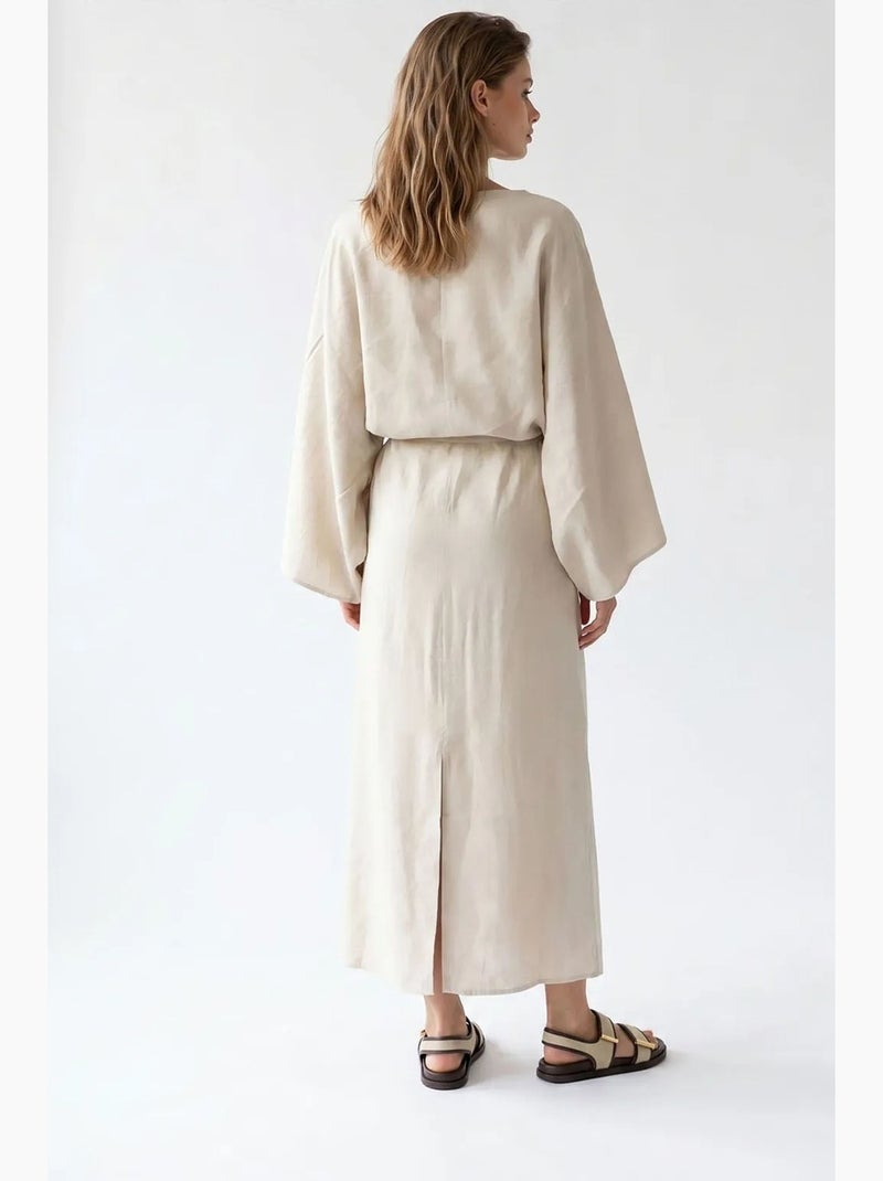 Vestido maxi feminino liso texturizado com detalhe de amarração mixray Bege-argila - Kiabi