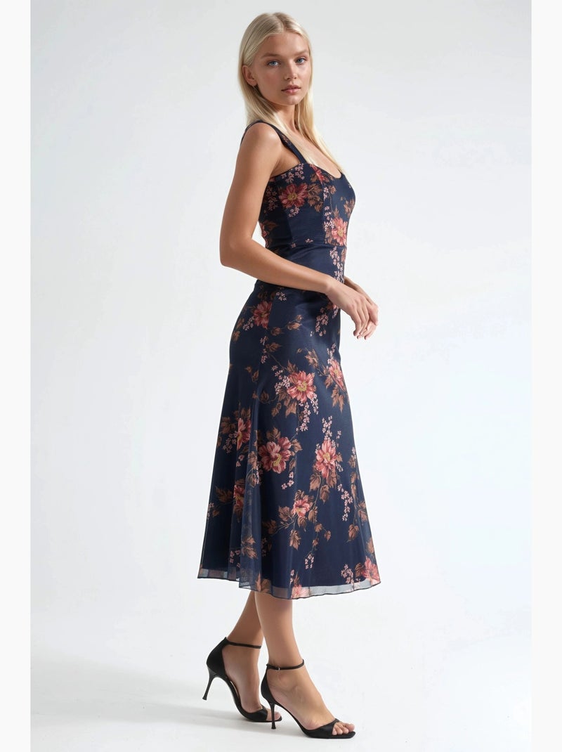 Vestido maxi floral com decote em coração hiccup Azul-marinho - Kiabi