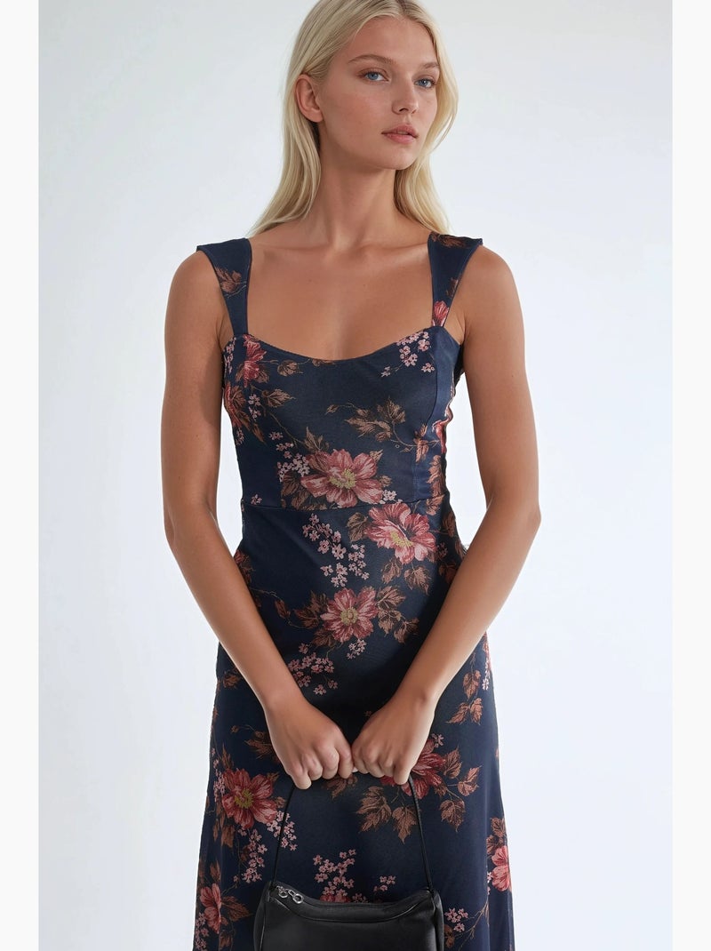 Vestido maxi floral com decote em coração hiccup Azul-marinho - Kiabi