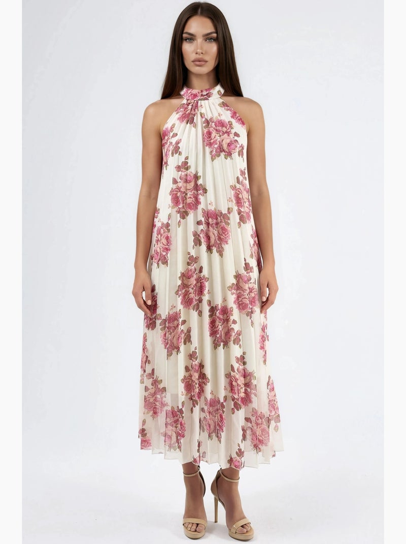 Vestido maxi floral com detalhe de laço busem Creme - Kiabi