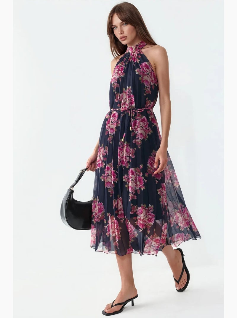 Vestido maxi floral com detalhe de laço busem Preto Vermelho - Kiabi