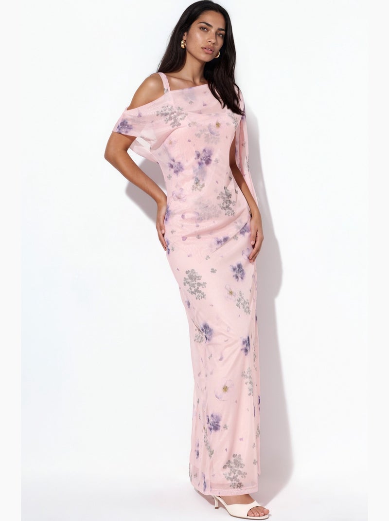 Vestido maxi floral com gola assimétrica hiccup Rosa velho - Kiabi