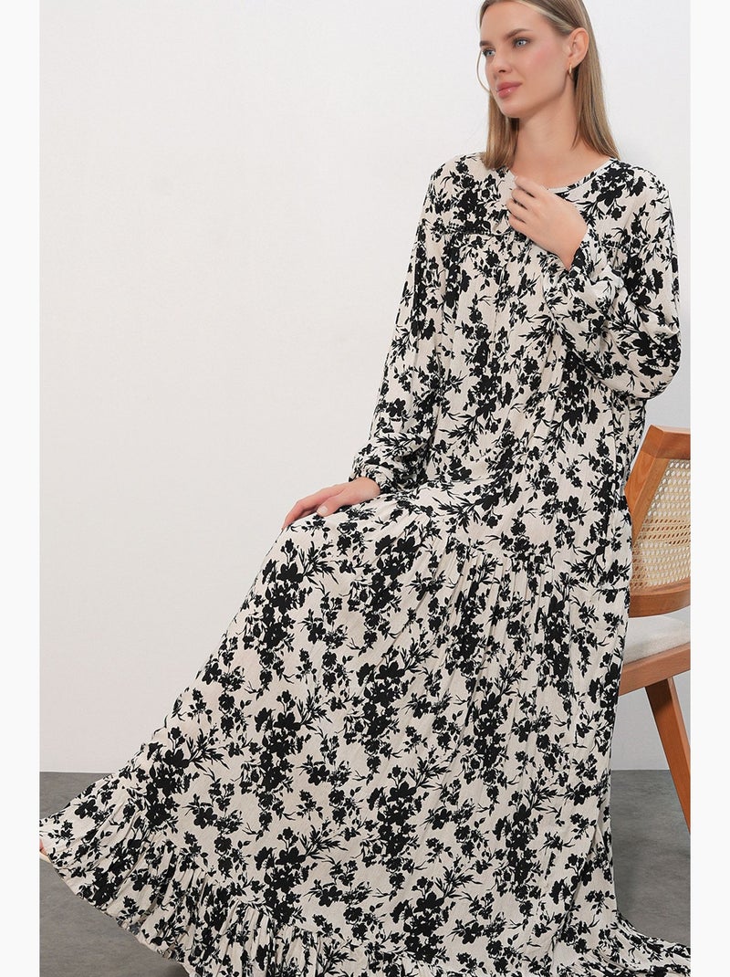 Vestido maxi floral com gola redonda bdart Branco Preto - Kiabi