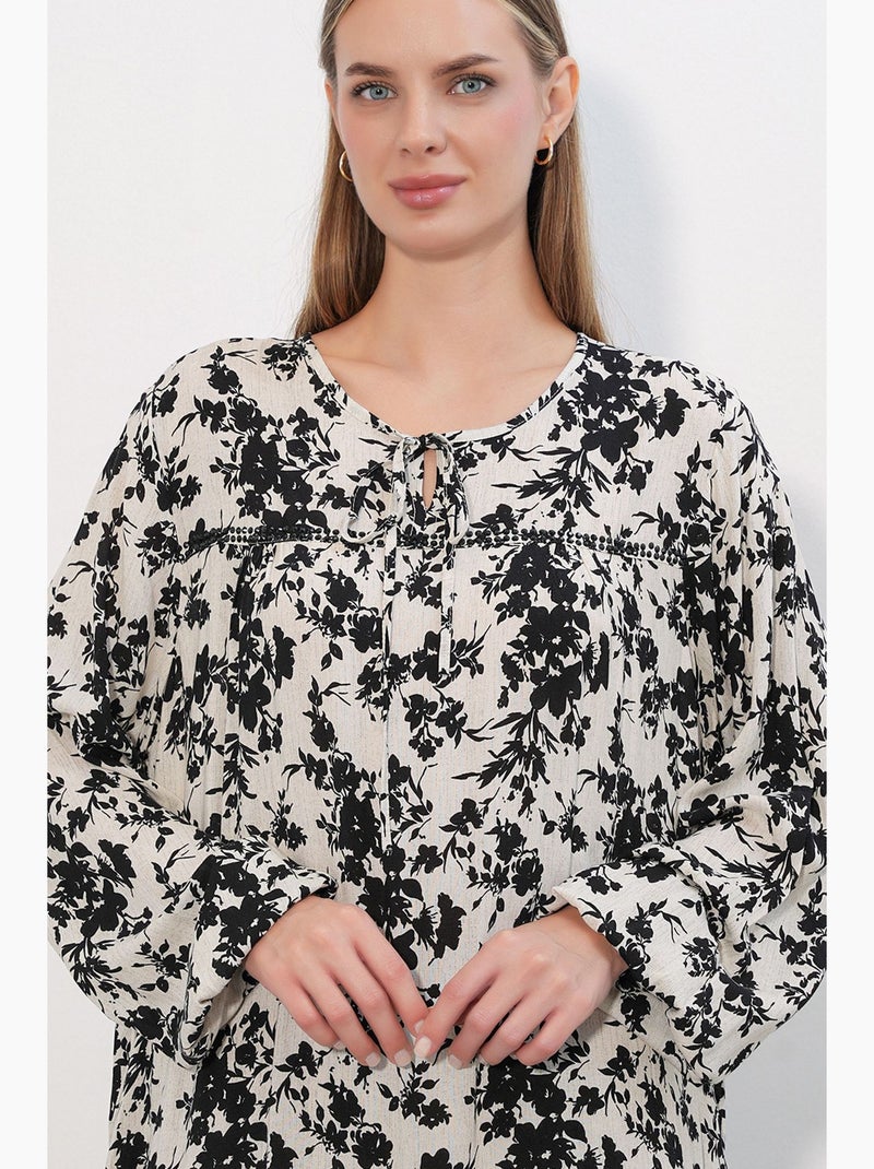 Vestido maxi floral com gola redonda bdart Branco Preto - Kiabi