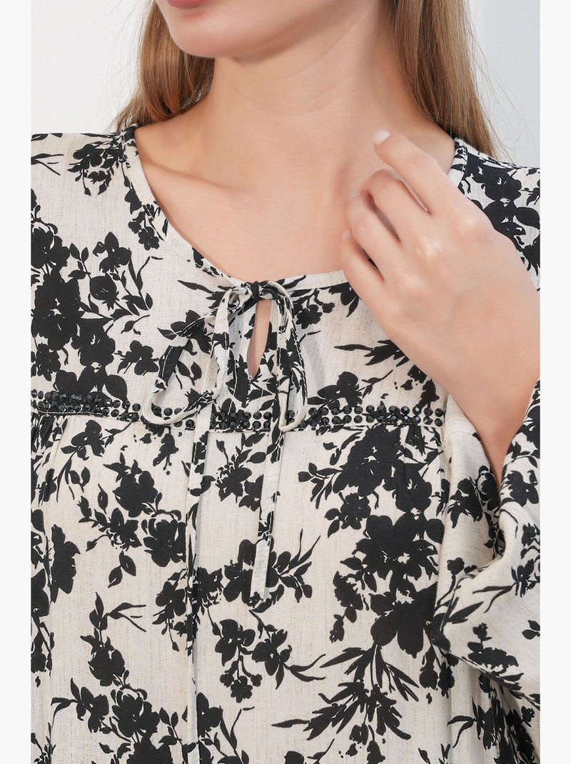Vestido maxi floral com gola redonda bdart Branco Preto - Kiabi