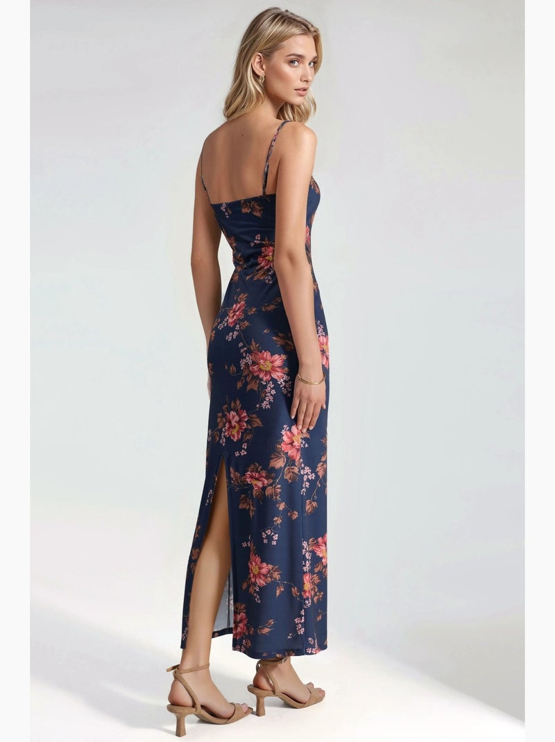Vestido maxi floral com racha hiccup Azul escuro - Kiabi