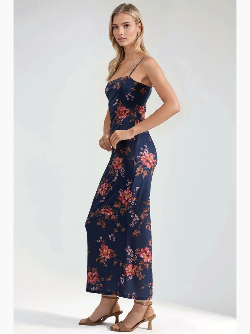 Vestido maxi floral com racha hiccup Azul escuro - Kiabi