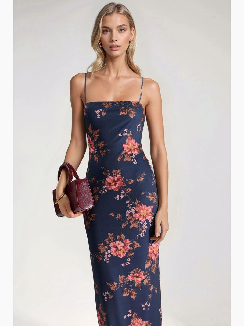 Vestido maxi floral com racha hiccup Azul escuro - Kiabi