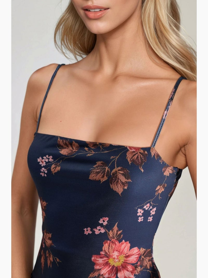 Vestido maxi floral com racha hiccup Azul escuro - Kiabi
