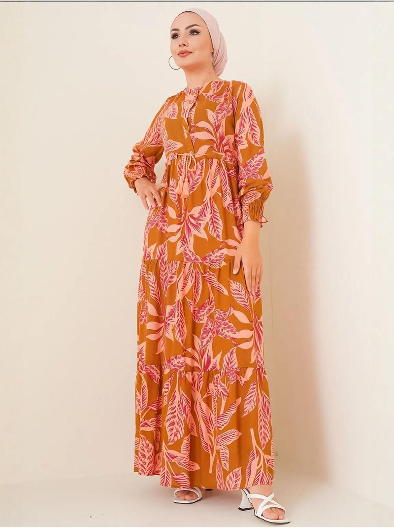 Vestido maxi floral em crepe de viscose bdart Camelo - Kiabi