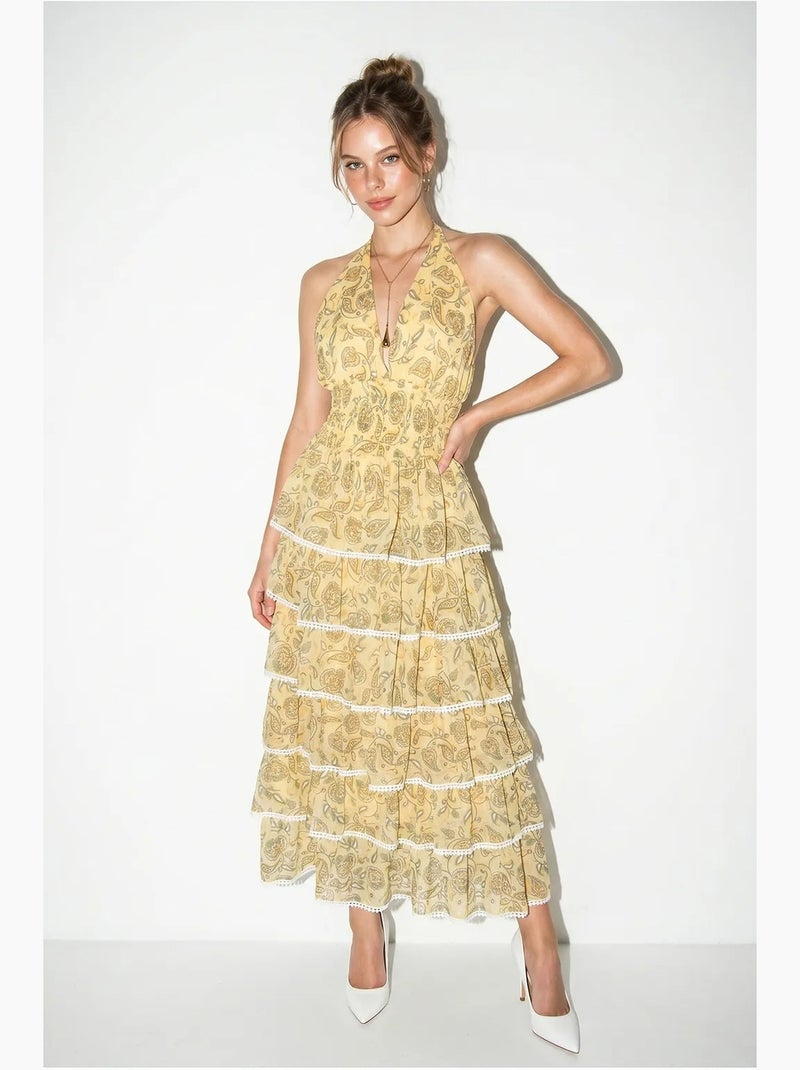 Vestido maxi halter com padrão paisley lucci Amarelo-limão - Kiabi