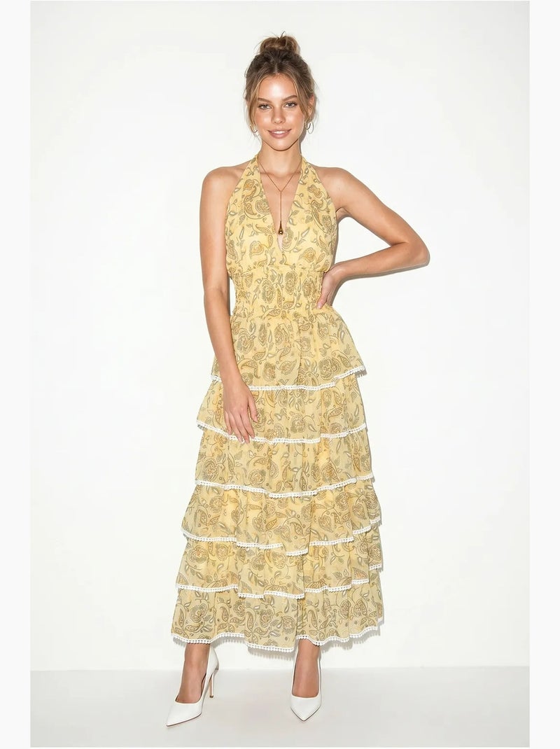 Vestido maxi halter com padrão paisley lucci Amarelo-limão - Kiabi