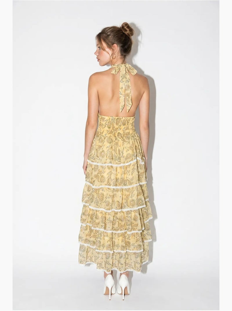 Vestido maxi halter com padrão paisley lucci Amarelo-limão - Kiabi